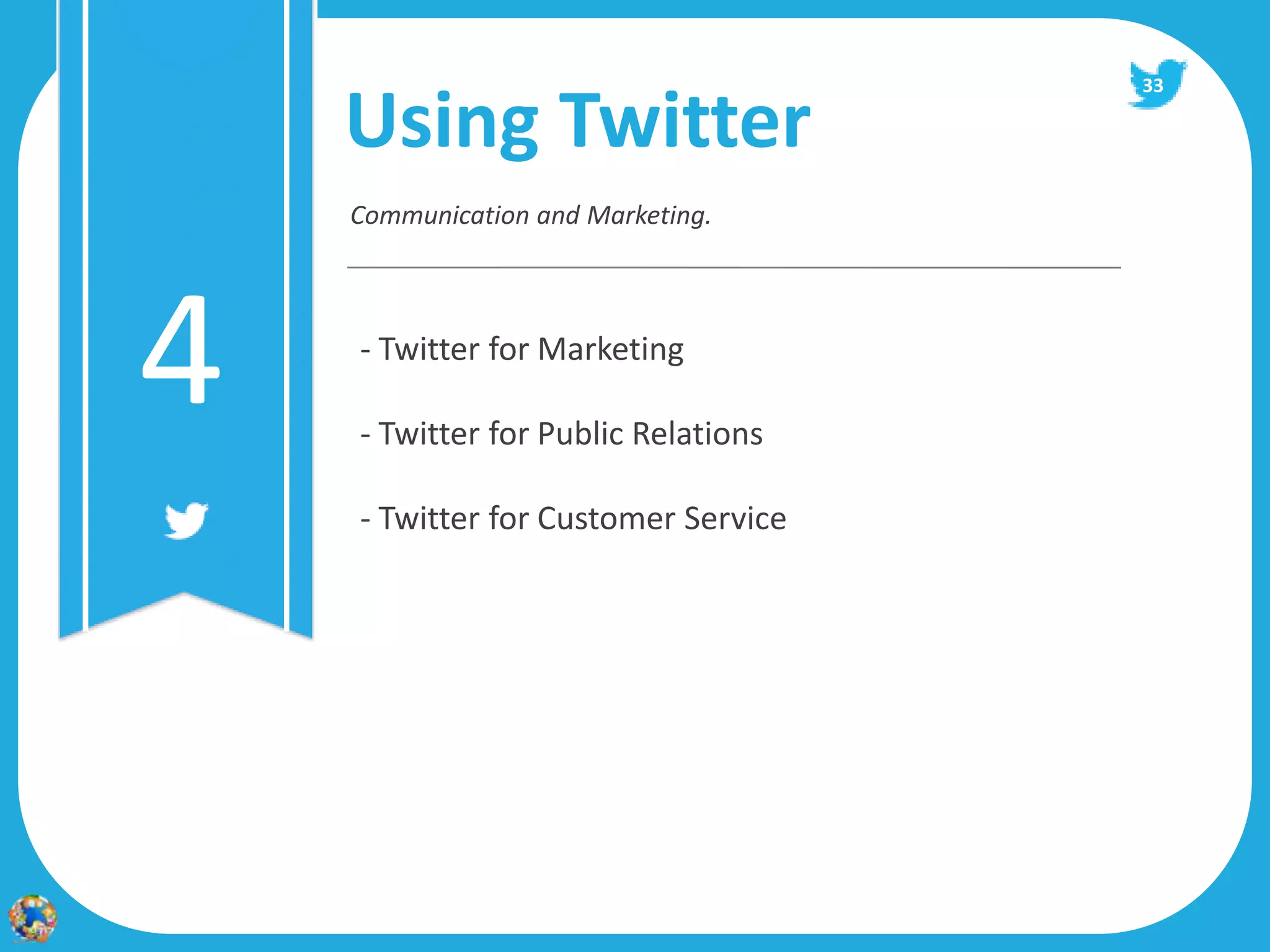33

    Using Twitter
    Communication and Marketing.




4   - Twitter for Marketing

    - Twitter for Public Relations

    - Twitter for Customer Service
 