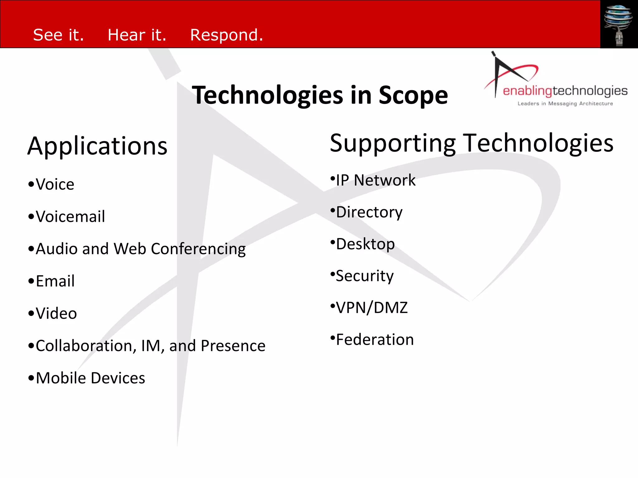 Technologies in Scope Applications Voice Voicemail Audio and Web Conferencing Email Video Collaboration, IM, and Presence Mobile Devices Supporting Technologies  IP Network Directory Desktop  Security VPN/DMZ Federation 