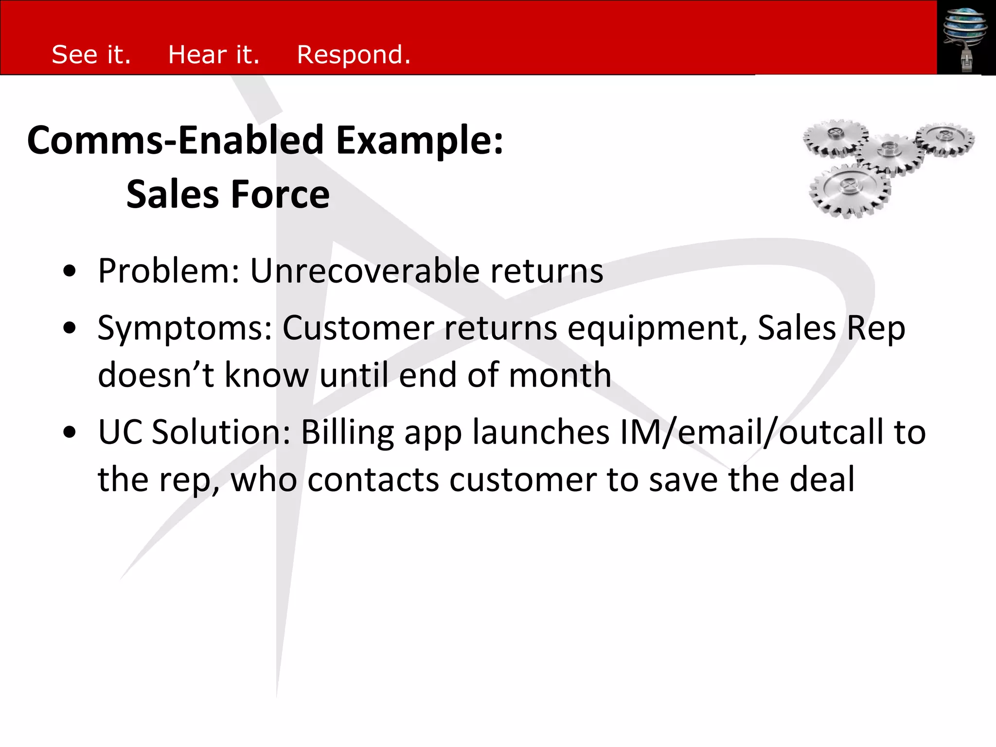 Comms-Enabled Example:  Sales Force Problem: Unrecoverable returns Symptoms:  Customer returns equipment, Sales Rep doesn’t know until end of month UC Solution:  Billing app launches IM/email/outcall to the rep, who contacts customer to save the deal 