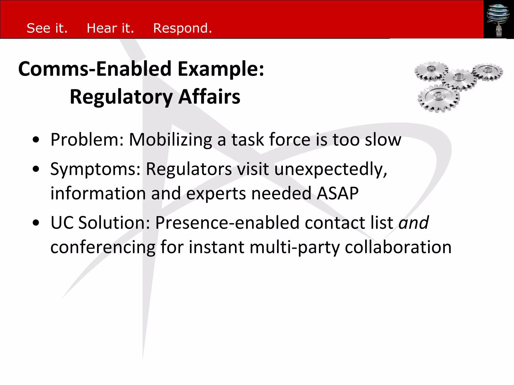 Comms-Enabled Example:  Regulatory Affairs Problem: Mobilizing a task force is too slow Symptoms: Regulators visit unexpectedly, information and experts needed ASAP UC Solution: Presence-enabled contact list  and  conferencing for instant multi-party collaboration 