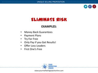 - - - - - - - - - - - - - - - - - - - - - - - - - - -- - - UNIQUE SELLING PROPOSITION - - - - - - - - - - - - - - - - - - - - - - - - - - .

ELIMINATE RISK
EXAMPLES:
•
•
•
•
•
•

Money Back Guarantees
Payment Plans
Try For Free
Only Pay if you Get Results!
Offer Loss Leaders
First One’s Free

www.yourmarketingcoachonline.com

.

.

 