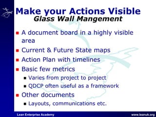 Lean Enterprise Academy www.leanuk.org
Make your Actions Visible
Glass Wall Mangement
A document board in a highly visible
area
Current & Future State maps
Action Plan with timelines
Basic few metrics
Varies from project to project
QDCP often useful as a framework
Other documents
Layouts, communications etc.
 
