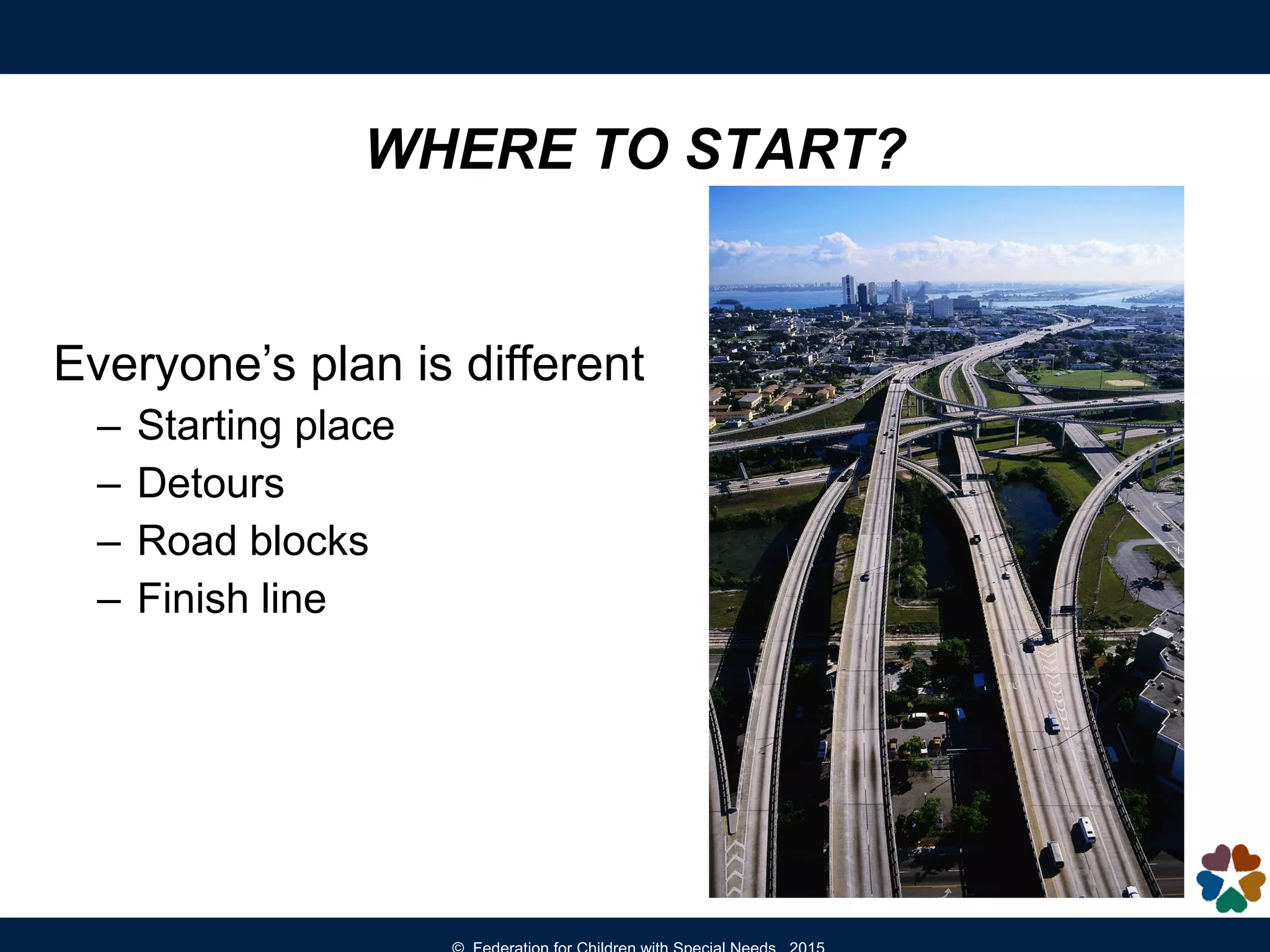 Everyone’s plan is different
– Starting place
– Detours
– Road blocks
– Finish line
WHERE TO START?
 