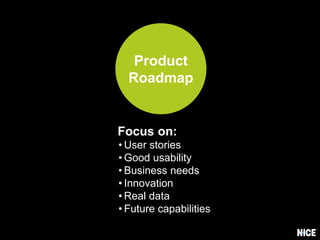 Product
Roadmap
Focus on:
• User stories
• Good usability
• Business needs
• Innovation
• Real data
• Future capabilities
 