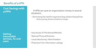 Benefits of a VPN
Cost Savings with
a VPN

A VPN can save an organization money in several
situations:
 Eliminating the need for expensive long-distance leased lines
 Reducing long-distance telephone charges

Getting
inaccessible
services, for endusers

 Easy Access To The Desired Websites
 Reduced Physical Distances
 Lesser Monitoring = More Freedom
 Protection From Information Leakage

 