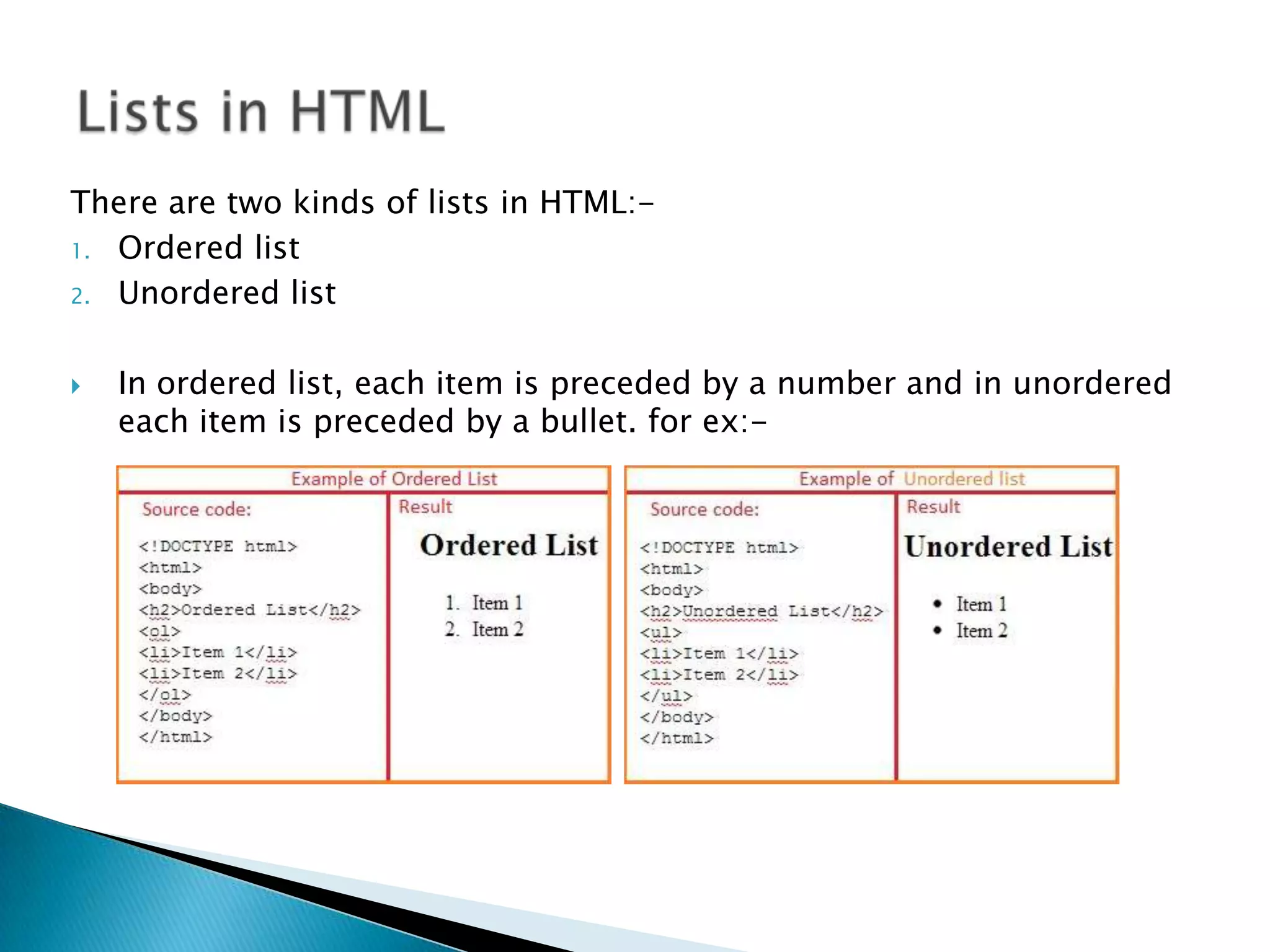 There are two kinds of lists in HTML:- 1. Ordered list 2. Unordered list  In ordered list, each item is preceded by a number and in unordered each item is preceded by a bullet. for ex:- 