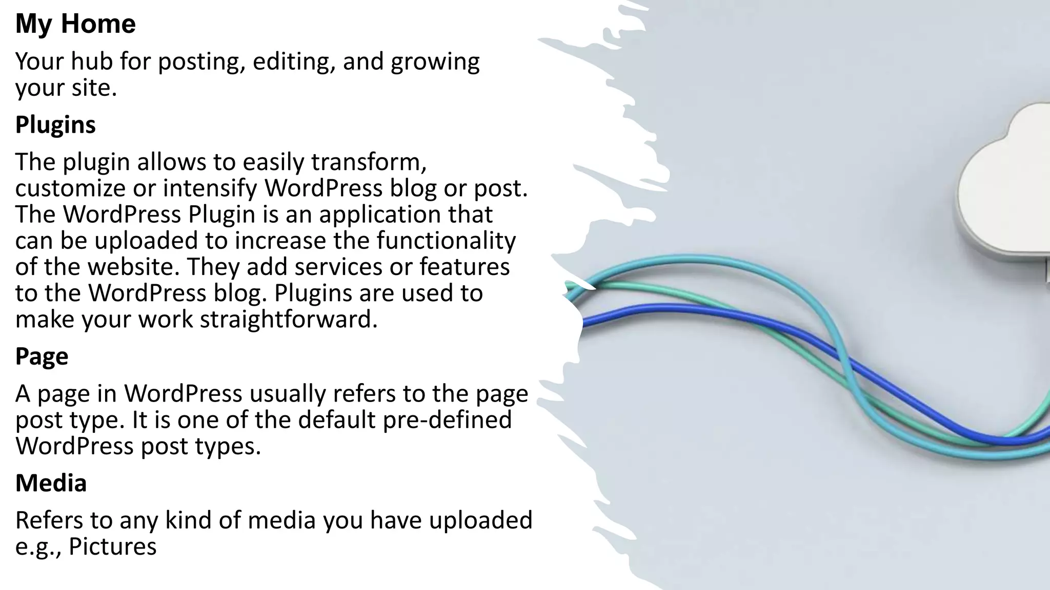 My Home
Your hub for posting, editing, and growing
your site.
Plugins
The plugin allows to easily transform,
customize or intensify WordPress blog or post.
The WordPress Plugin is an application that
can be uploaded to increase the functionality
of the website. They add services or features
to the WordPress blog. Plugins are used to
make your work straightforward.
Page
A page in WordPress usually refers to the page
post type. It is one of the default pre-defined
WordPress post types.
Media
Refers to any kind of media you have uploaded
e.g., Pictures
 