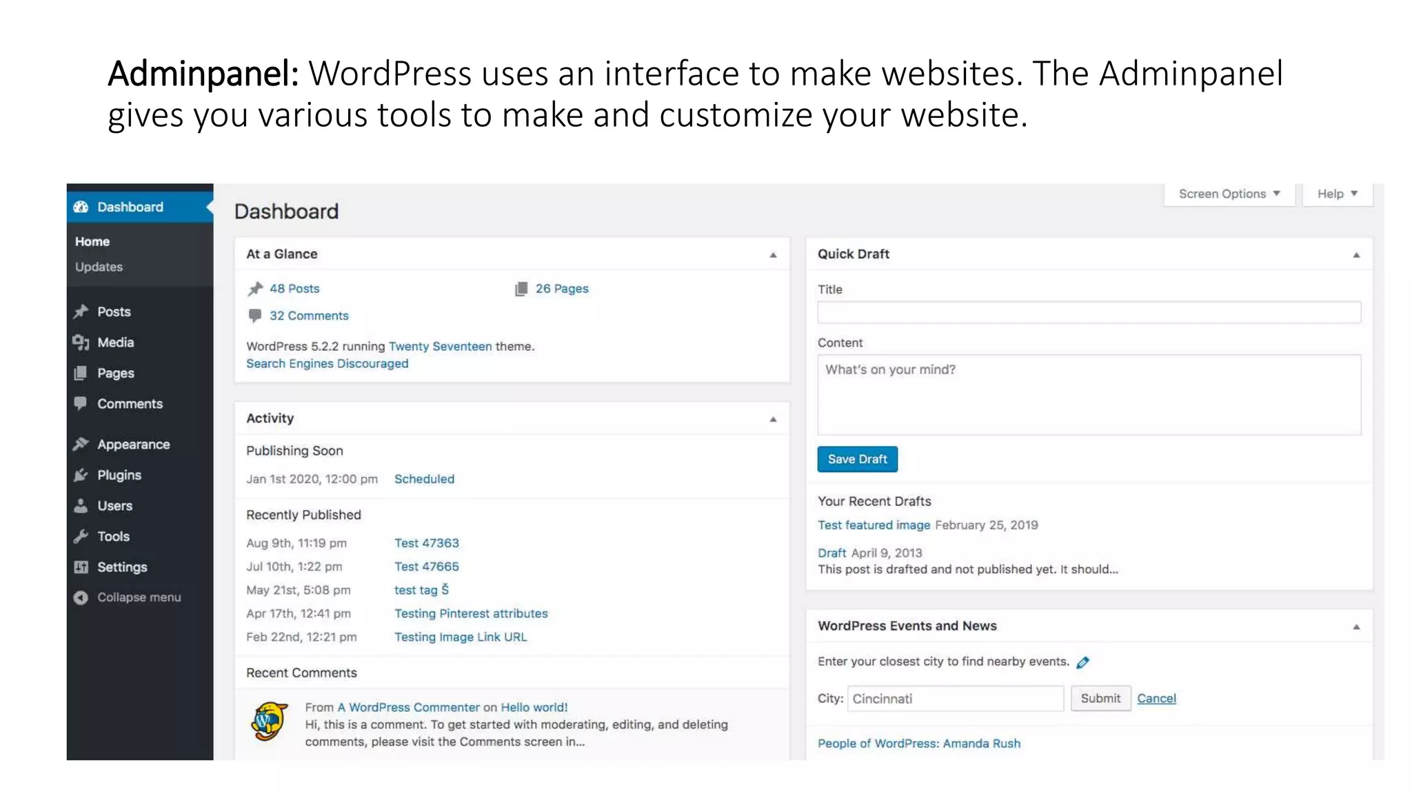 Adminpanel: WordPress uses an interface to make websites. The Adminpanel
gives you various tools to make and customize your website.
 