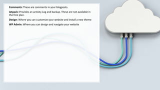 Comments: These are comments in your blogposts.
Jetpack: Provides an activity Log and backup. These are not available in
the free plan.
Design: Where you can customize your website and install a new theme
WP Admin: Where you can design and navigate your website
 