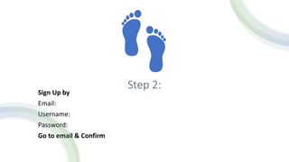 Step 2:
Sign Up by
Email:
Username:
Password:
Go to email & Confirm
 