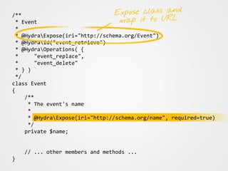 /**
* Event
*
* @HydraExpose(iri="http://schema.org/Event")
* @HydraId("event_retrieve")
* @HydraOperations( {
* "event_replace",
* "event_delete"
* } )
*/
class Event
{
/**
* The event's name
*
* @HydraExpose(iri="http://schema.org/name", required=true)
*/
private $name;
// ... other members and methods ...
}
 