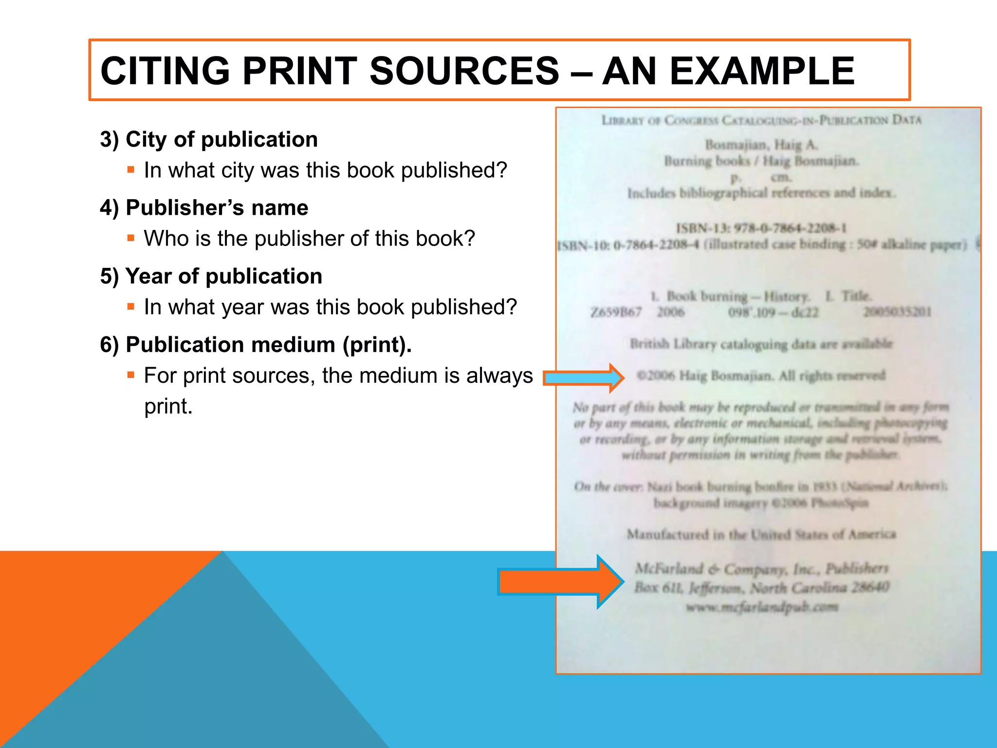 CITING PRINT SOURCES – AN EXAMPLE
3) City of publication
 In what city was this book published?
4) Publisher’s name
 Who is the publisher of this book?
5) Year of publication
 In what year was this book published?
6) Publication medium (print).
 For print sources, the medium is always
print.
 