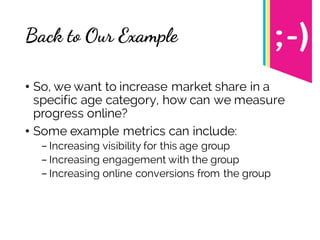 Back to Our Example
• So, we want to increase market share in a
specific age category, how can we measure
progress online?
• Some example metrics can include:
- Increasing visibility for this age group
- Increasing engagement with the group
- Increasing online conversions from the group
 