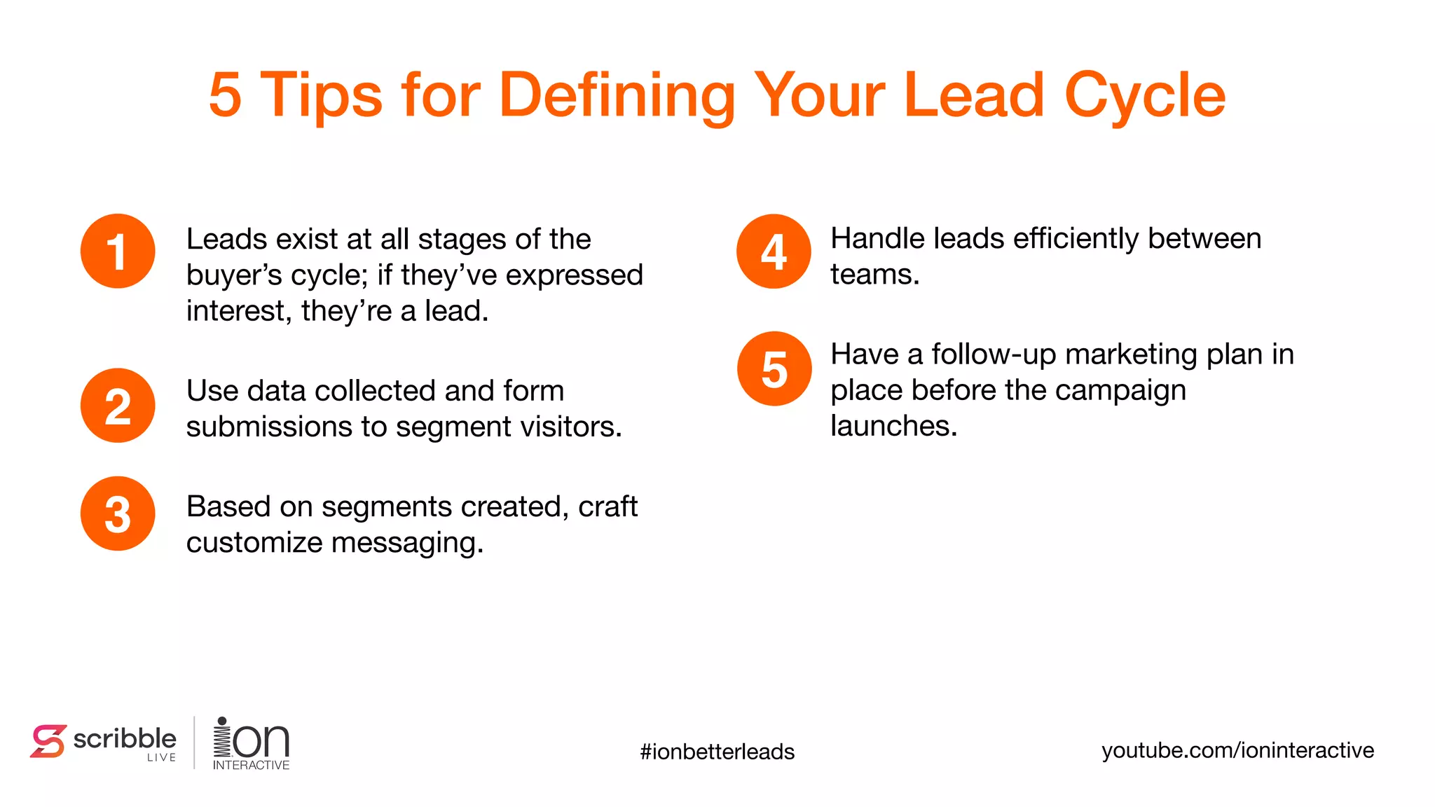 5 Tips for Deﬁning Your Lead Cycle
Leads exist at all stages of the
buyer’s cycle; if they’ve expressed
interest, they’re a lead.

Use data collected and form
submissions to segment visitors.

Based on segments created, craft
customize messaging.

Handle leads eﬃciently between
teams.

Have a follow-up marketing plan in
place before the campaign
launches.
1
2
3
4
5
#ionbetterleads youtube.com/ioninteractive
 
