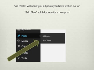 “All Posts” will show you all posts you have written so far
“Add New” will let you write a new post