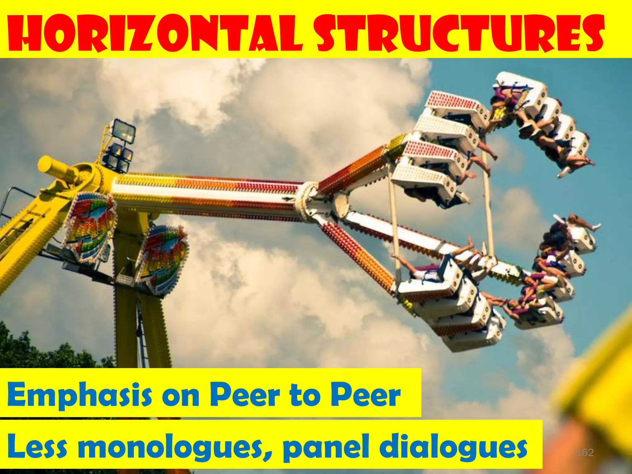 Horizontal Structures




Emphasis on Peer to Peer
Less monologues, panel dialogues   162
 