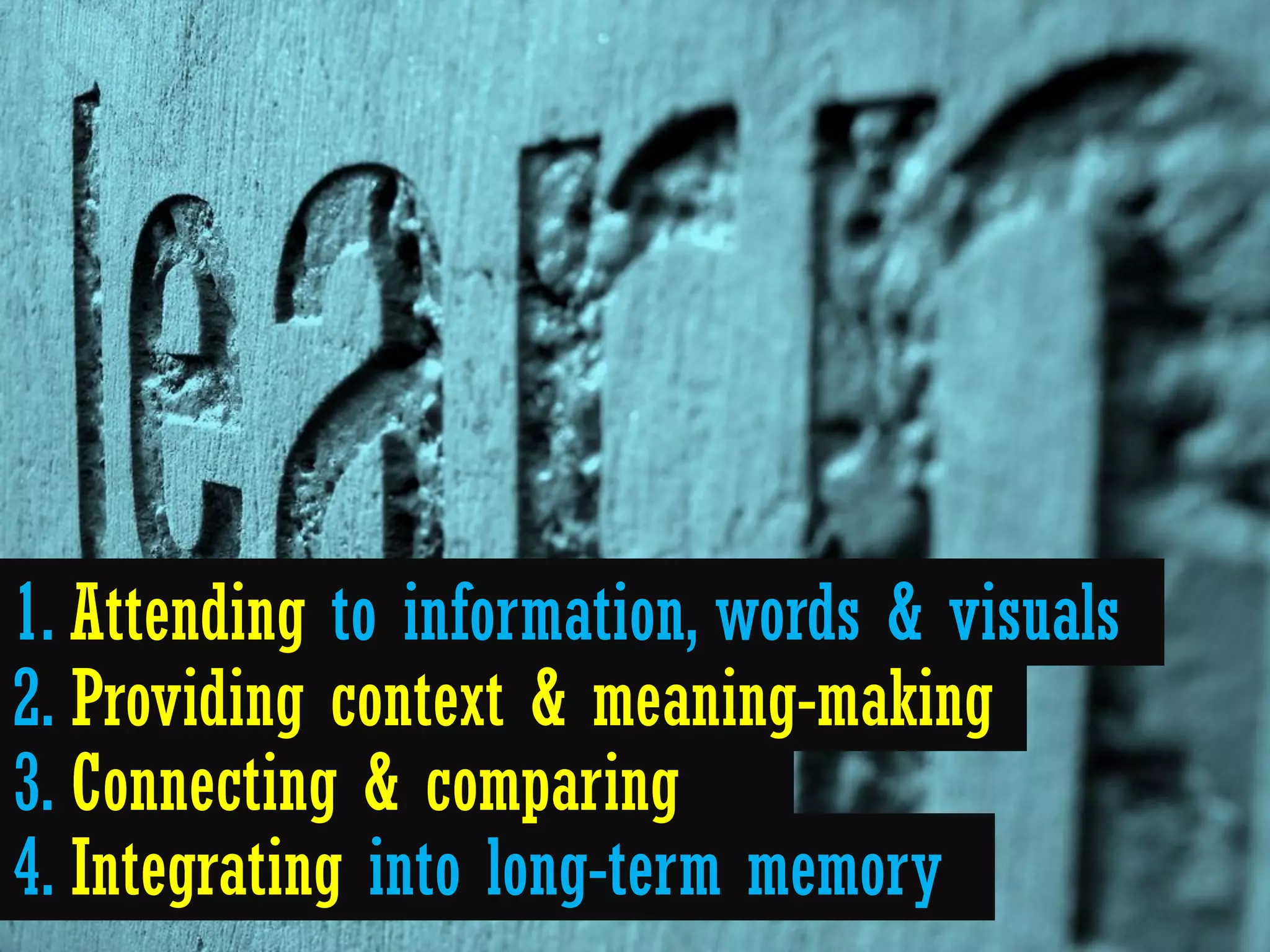 1. Attending to information, words & visuals
2. Providing context & meaning-making
3. Connecting & comparing
4. Integrating into long-term memory
 