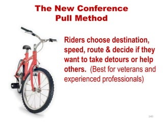 The New Conference
    Pull Method

     Riders choose destination,
     speed, route & decide if they
     want to take detours or help
     others. (Best for veterans and
     experienced professionals)



                                140
 