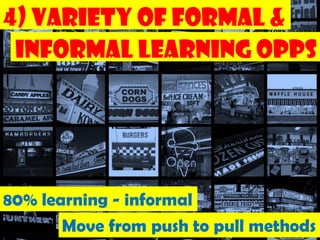 4) Variety of Formal &
   Informal
 Informal Learning Opps




80% learning - informal
       Move from push to pull methods
                                  163
 