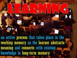 an active process that takes place in the
working memory as the learner abstracts
meaning and connects with existing
knowledge in long-term memory
 