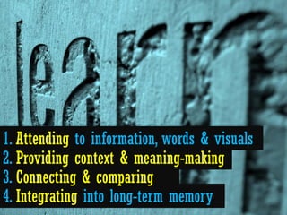1. Attending to information, words & visuals
2. Providing context & meaning-making
3. Connecting & comparing
4. Integrating into long-term memory
 