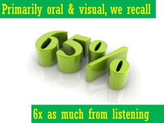 Primarily oral & visual, we recall




       6x as much from listening
 