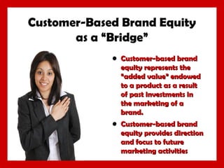 Customer-Based Brand Equity
as a “Bridge”
• Customer-based brand
equity represents the
“added value” endowed
to a product as a result
of past investments in
the marketing of a
brand.
• Customer-based brand
equity provides direction
and focus to future
marketing activities

 