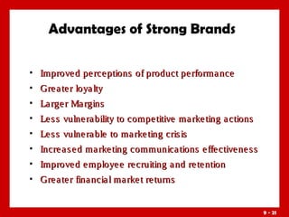 Advantages of Strong Brands
• Improve d pe rce ptions of product pe rforma nce
• Gre a te r loya lty
• La rge r Ma rgins
• Le s s vulne ra bility to compe titive ma rke ting a ctions
• Le s s vulne ra ble to ma rke ting cris is
• Incre a s e d ma rke ting communica tions e ffe ctive ne s s
• Improve d e mploye e re cruiting a nd re te ntion
• Gre a te r fina ncia l ma rke t re turns

9 - 21

 