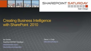 Creating Business Intelligence
with SharePoint 2010


                                Demo + Code
                                http://bit.ly/kOqLnv
ivan@dimension-si.com
http://twitter.com/@iasanders
 