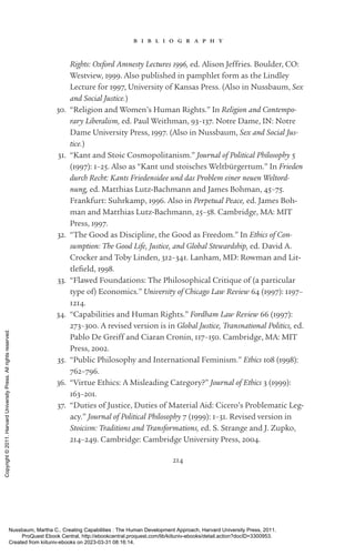 214
b i b l i o g r a p h y
Rights: Oxford Amnesty Lectures 1996, ed. Alison Jeffries. Boulder, CO:
Westview, 1999. Also published in pamphlet form as the Lindley
Lecture for 1997, University of Kansas Press. (Also in Nussbaum, Sex
and Social Justice.)
30. “Religion and Women’s Human Rights.” In Religion and Contempo-
rary Liberalism, ed. Paul Weithman, 93–137. Notre Dame, IN: Notre
Dame University Press, 1997. (Also in Nussbaum, Sex and Social Jus-
tice.)
31. “Kant and Stoic Cosmopolitanism.” Journal of Political Philosophy 5
(1997): 1–25. Also as “Kant und stoisches Weltbürgertum.” In Frieden
durch Recht: Kants Friedensidee und das Problem einer neuen Weltord-
nung, ed. Matthias Lutz-­
Bachmann and James Bohman, 45–75.
Frankfurt: Suhrkamp, 1996. Also in Perpetual Peace, ed. James Boh­
man and Matthias Lutz-­
Bachmann, 25–58. Cambridge, MA: MIT
Press, 1997.
32. “The Good as Discipline, the Good as Freedom.” In Ethics of Con-
sumption: The Good Life, Justice, and Global Stewardship, ed. David A.
Crocker and Toby Linden, 312–341. Lanham, MD: Rowman and Lit-
tlefield, 1998.
33. “Flawed Foundations: The Philosophical Critique of (a particular
type of) Economics.” University of Chicago Law Review 64 (1997): 1197–
1214.
34. “Capabilities and Human Rights.” Fordham Law Review 66 (1997):
273–300. A revised version is in Global Justice, Transnational Politics, ed.
Pablo De Greiff and Ciaran Cronin, 117–150. Cambridge, MA: MIT
Press, 2002.
35. “Public Philosophy and International Feminism.” Ethics 108 (1998):
762–796.
36. “Virtue Ethics: A Misleading Category?” Journal of Ethics 3 (1999):
163–201.
37. “Duties of Justice, Duties of Material Aid: Cicero’s Problematic Leg-
acy.” Journal of Political Philosophy 7 (1999): 1–31. Revised version in
Stoicism: Traditions and Transformations, ed. S. Strange and J. Zupko,
214–249. Cambridge: Cambridge University Press, 2004.
Nussbaum, Martha C.. Creating Capabilities : The Human Development Approach, Harvard University Press, 2011.
ProQuest Ebook Central, http://ebookcentral.proquest.com/lib/kiituniv-ebooks/detail.action?docID=3300953.
Created from kiituniv-ebooks on 2023-03-31 08:16:14.
Copyright
©
2011.
Harvard
University
Press.
All
rights
reserved.
 