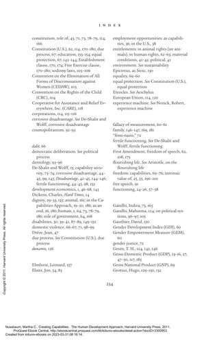 i n d e x
234
constitution, role of, 43, 71, 73, 78–79, 114,
166
Constitution (U.S.), 62, 114, 170–180; due
pro­
cess, 67; education, 153–154; equal
protection, 67, 143–144; Establishment
clause, 170, 174; Free Exercise clause,
170–180; sodomy laws, 105–106
Convention on the Elimination of All
Forms of Discrimination against
Women (CEDAW), 103
Convention on the Rights of the Child
(CRC), 104
Cooperative for Assistance and Relief Ev-
erywhere, Inc. (CARE), 118
corporations, 114, 115–116
corrosive disadvantage. See De-­
Shalit and
Wolff, corrosive disadvantage
cosmopolitanism, 92–93
dalit, 66
democratic deliberation. See po­
lit­
i­
cal
pro­
cess
dentology, 93–96
De-­
Shalit and Wolff, 15; capability secu-
rity, 73–74; corrosive disadvantage, 44–
45, 99, 145; Disadvantage, 42–45, 144–146;
fertile functioning, 44–45, 98, 152
development economics, 1, 46–68, 143
Dickens, Charles, Hard Times, 14
dignity, 29–33, 135; animal, 161; in the Ca-
pabilities Approach, 19–20, 186; as an
end, 16, 186; human, 1, 64, 73, 78–79,
186; role of government, 64, 168
disabilities, 30, 39–41, 87–89, 149–152
domestic violence, 66–67, 71, 98–99
Drèze, Jean, 47
due pro­
cess. See Constitution (U.S.), due
pro­
cess
dunamis, 126
Elmhirst, Leonard, 157
Elster, Jon, 54, 83
employment opportunities: as capabili-
ties, 36; in the U.S., 38
en­
ti­
tle­
ments: in animal rights (see ani-
mals); in human rights, 62–63; material
conditions, 41–42; po­
lit­
i­
cal, 41
environment. See sustainability
Epictetus, as Stoic, 130
equality, 69–60
equal protection. See Constitution (U.S.),
equal protection
Eteocles. See Aeschylus
European ­
Union, 114, 120
experience machine. See Nozick, Robert,
experience machine
fallacy of mea­
surement, 60–61
family, 146–147, 169, 181
“femi-­
nazis,” 72
fertile functioning. See De-­
Shalit and
Wolff, fertile functioning
First Amendment, freedom of speech, 62,
108, 175
flour­
ishing life. See Ar­
is­
totle, on the
flour­
ishing life
freedom: capabilities, 69–76; intrinsic
value of, 25, 55, 196–201
free speech, 91
functioning, 24–26, 57–58
Gandhi, Indira, 73, 165
Gandhi, Mahatma, 124; on po­
lit­
i­
cal sys-
tems, 96–97, 105
Gauthier, David, 150
Gender Development Index (GDI), 60
Gender Empowerment Measure (GEM),
60
gender justice, 72
Green, T. H., 124, 142, 146
Gross Domestic Product (GDP), 13–16, 27,
47–50, 117, 185
Gross National Product (GNP), 69
Grotius, Hugo, 129–130, 132
Nussbaum, Martha C.. Creating Capabilities : The Human Development Approach, Harvard University Press, 2011.
ProQuest Ebook Central, http://ebookcentral.proquest.com/lib/kiituniv-ebooks/detail.action?docID=3300953.
Created from kiituniv-ebooks on 2023-03-31 08:16:14.
Copyright
©
2011.
Harvard
University
Press.
All
rights
reserved.
 