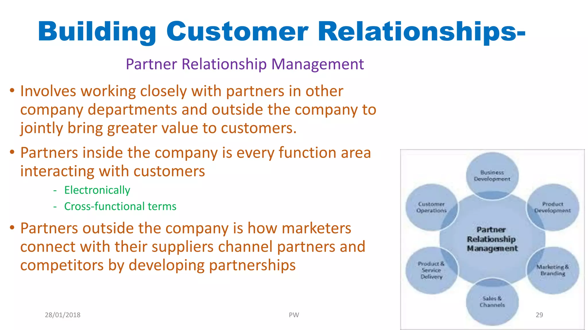 • Involves working closely with partners in other
company departments and outside the company to
jointly bring greater value to customers.
• Partners inside the company is every function area
interacting with customers
- Electronically
- Cross-functional terms
• Partners outside the company is how marketers
connect with their suppliers channel partners and
competitors by developing partnerships
Building Customer Relationships-
Partner Relationship Management
28/01/2018 PW 29
 