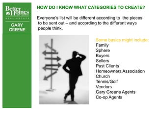 HOW DO I KNOW WHAT CATEGORIES TO CREATE?

Everyone’s list will be different according to the pieces
to be sent out – and according to the different ways
people think.

                               Some basics might include:
                               Family
                               Sphere
                               Buyers
                               Sellers
                               Past Clients
                               Homeowners Association
                               Church
                               Tennis/Golf
                               Vendors
                               Gary Greene Agents
                               Co-op Agents
 