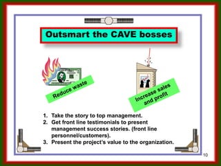 1. Take the story to top management.
2. Get front line testimonials to present
management success stories. (front line
personnel/customers).
3. Present the project’s value to the organization.
10
Outsmart the CAVE bosses
Ron McFarland, Tokyo, Japan
 