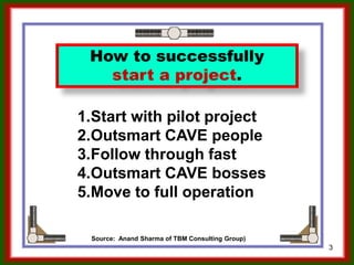 3
How to successfully make
a job and start a project.
1.Start with pilot project
2.Outsmart CAVE people
3.Follow through fast
4.Outsmart CAVE bosses
5.Move to full operation
Source: Anand Sharma of TBM Consulting Group)
Ron McFarland, Tokyo, Japan
 
