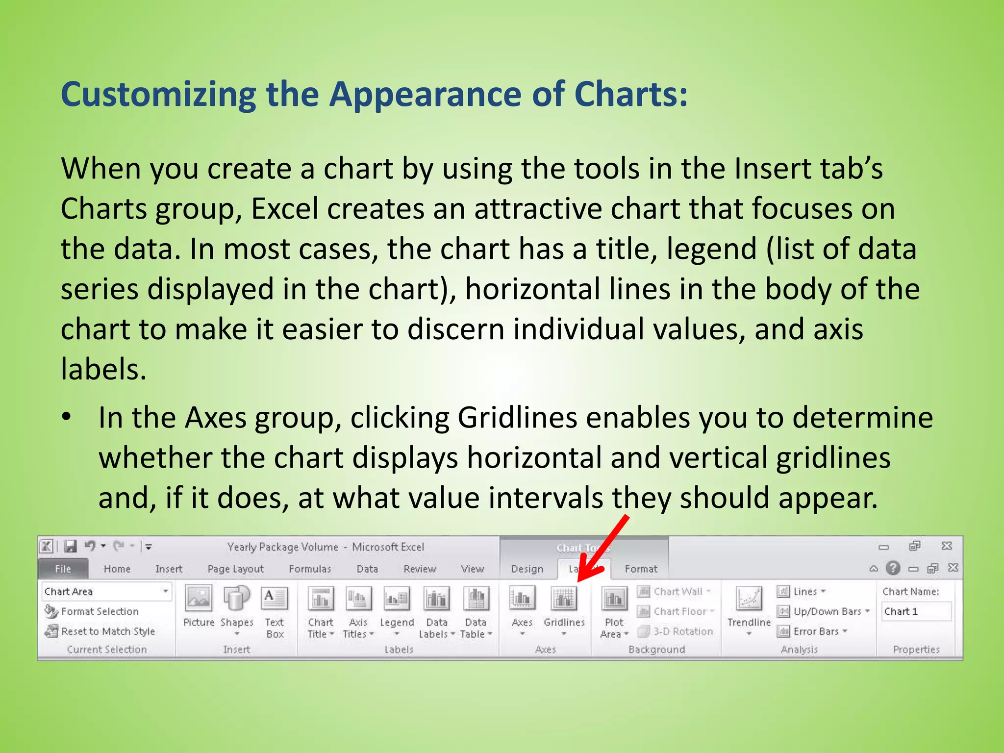 Customizing the Appearance of Charts:
When you create a chart by using the tools in the Insert tab’s
Charts group, Excel creates an attractive chart that focuses on
the data. In most cases, the chart has a title, legend (list of data
series displayed in the chart), horizontal lines in the body of the
chart to make it easier to discern individual values, and axis
labels.
• In the Axes group, clicking Gridlines enables you to determine
whether the chart displays horizontal and vertical gridlines
and, if it does, at what value intervals they should appear.
 