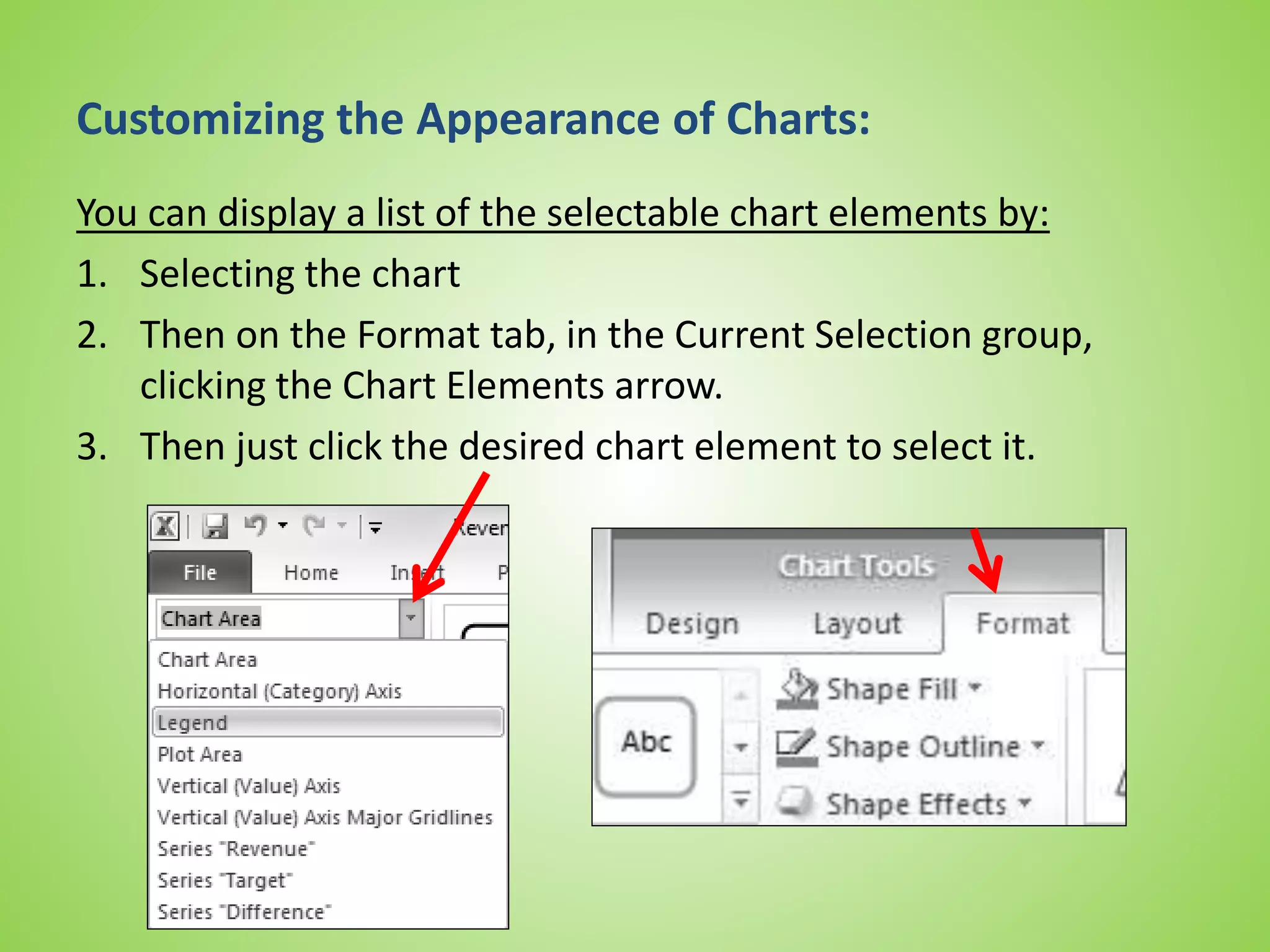 Customizing the Appearance of Charts:
You can display a list of the selectable chart elements by:
1. Selecting the chart
2. Then on the Format tab, in the Current Selection group,
clicking the Chart Elements arrow.
3. Then just click the desired chart element to select it.
 