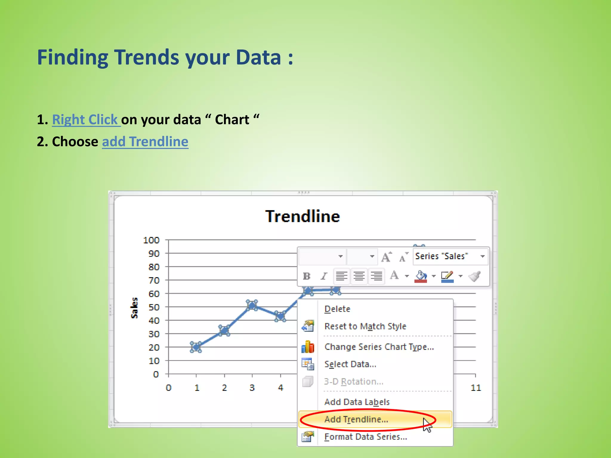 Finding Trends your Data :
1. Right Click on your data “ Chart “
2. Choose add Trendline
 