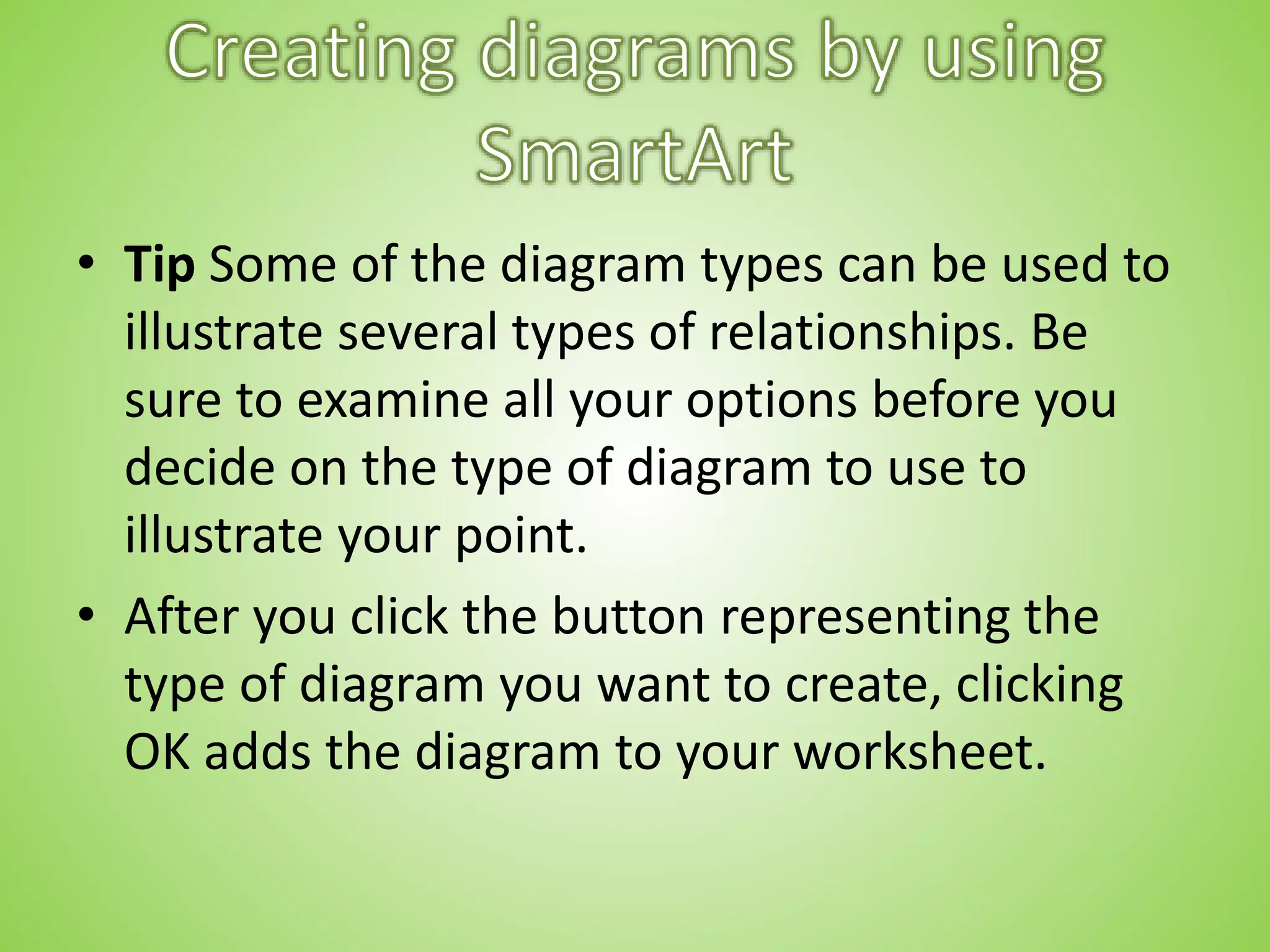 • Tip Some of the diagram types can be used to
illustrate several types of relationships. Be
sure to examine all your options before you
decide on the type of diagram to use to
illustrate your point.
• After you click the button representing the
type of diagram you want to create, clicking
OK adds the diagram to your worksheet.
 