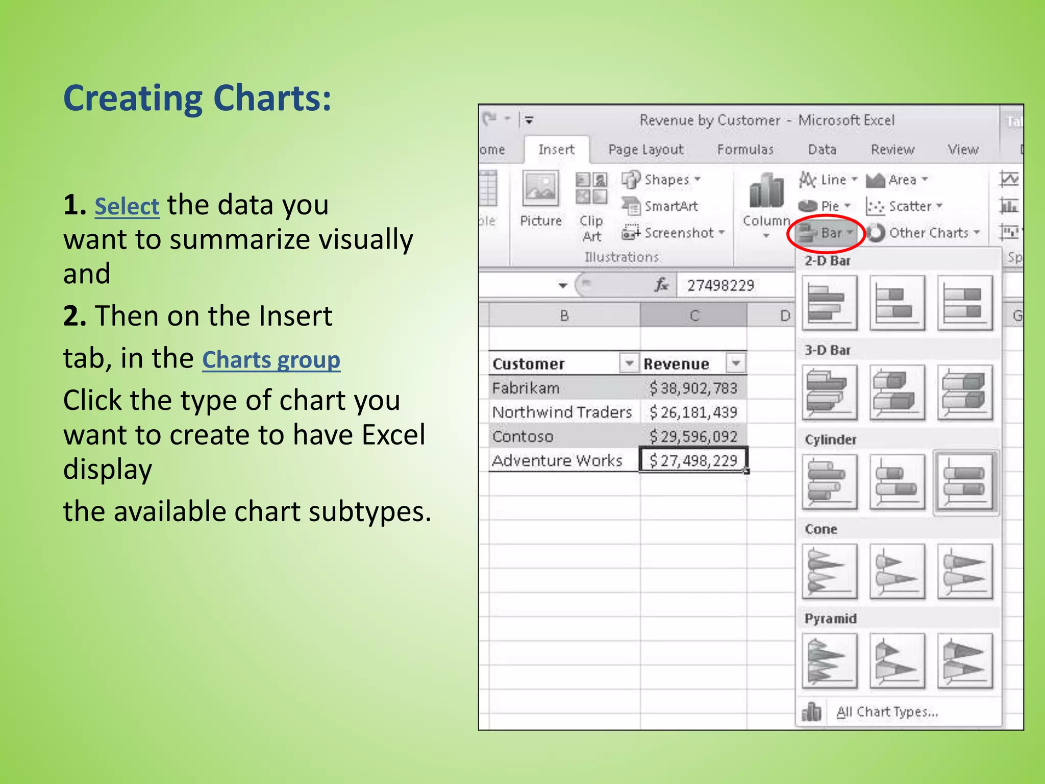 Creating Charts:
1. Select the data you
want to summarize visually
and
2. Then on the Insert
tab, in the Charts group
Click the type of chart you
want to create to have Excel
display
the available chart subtypes.
 