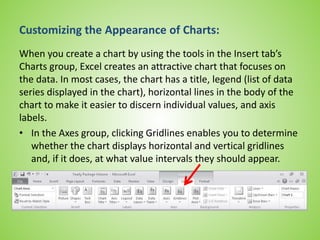 Customizing the Appearance of Charts:
When you create a chart by using the tools in the Insert tab’s
Charts group, Excel creates an attractive chart that focuses on
the data. In most cases, the chart has a title, legend (list of data
series displayed in the chart), horizontal lines in the body of the
chart to make it easier to discern individual values, and axis
labels.
• In the Axes group, clicking Gridlines enables you to determine
whether the chart displays horizontal and vertical gridlines
and, if it does, at what value intervals they should appear.
 