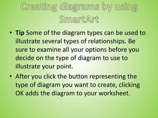 • Tip Some of the diagram types can be used to
illustrate several types of relationships. Be
sure to examine all your options before you
decide on the type of diagram to use to
illustrate your point.
• After you click the button representing the
type of diagram you want to create, clicking
OK adds the diagram to your worksheet.
 