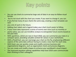 • You can use charts to summarize large sets of data in an easy-to-follow visual
format.
• You’re not stuck with the chart you create; if you want to change it, you can.
• If you format many of your charts the same way, creating a chart template can
save
• you a lot of work in the future.
• Adding chart labels and a legend makes your chart much easier to follow.
• If your chart data represents a series of events over time (such as monthly or
• yearly sales), you can use trendline analysis to extrapolate future events based on
the past data.
• With sparklines, which are new in Excel 2010, you can summarize your data in a
compact space, providing valuable context for values in your worksheets.
• With a PivotChart, you can rearrange your chart on the fly, emphasizing different
aspects of the same data without having to create a new chart for each view.
• With Excel, you can quickly create and modify common business and
organizational diagrams, such as organization charts and process diagrams.
• You can create and modify shapes to enhance your workbook’s visual impact.
• The improved equation editing capabilities help Excel 2010 users communicate
their thinking to their colleagues.
 