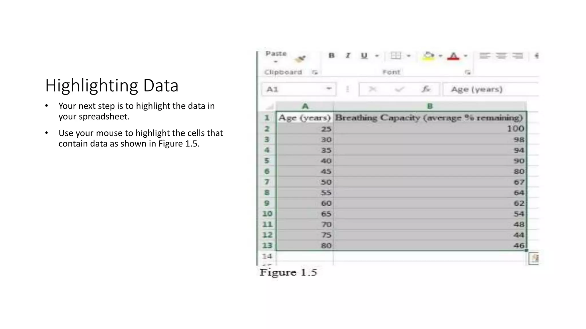 Highlighting Data
• Your next step is to highlight the data in
your spreadsheet.
• Use your mouse to highlight the cells that
contain data as shown in Figure 1.5.
 