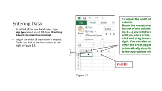 Entering Data
• In cell A1 of the new Excel sheet, type
Age (years) and in cell B1, type Breathing
Capacity (average% remaining).
• Adjust the width of the column if needed.
To do this, look at the instructions to the
right in Figure 1.3.
 