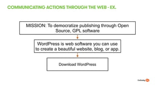 COMMUNICATING ACTIONS THROUGH THE WEB - EX.
35
MISSION: To democratize publishing through Open
Source, GPL software
WordPress is web software you can use
to create a beautiful website, blog, or app.
Download WordPress
 