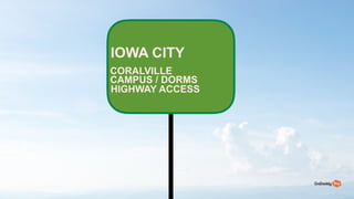 41
IOWA CITY?
CORALVILLE
CAMPUS / DORMS?
HIGHWAY ACCESS
 