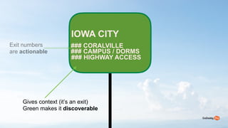 42
IOWA CITY?
### CORALVILLE
### CAMPUS / DORMS?
### HIGHWAY ACCESS
Gives context (its an exit)
Green makes it discoverable
Exit numbers
are actionable
 