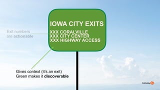 58
IOWA CITY EXITS?
XXX CORALVILLE
XXX CITY CENTER?
XXX HIGHWAY ACCESS
Gives context (its an exit)
Green makes it discoverable
Exit numbers
are actionable
 