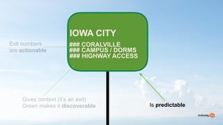 64
IOWA CITY?
### CORALVILLE
### CAMPUS / DORMS?
### HIGHWAY ACCESS
Gives context (its an exit)
Green makes it discoverable Is predictable
Exit numbers
are actionable
 